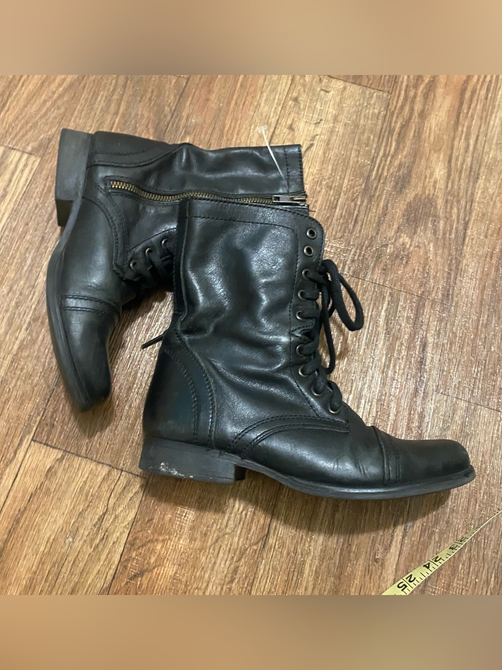 Steve Madden Womens Size 6.5 6 1/2 Troopa Black Black Leather Combat Boots Biker